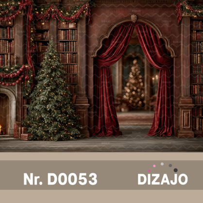 Tło fotograficzne Boże Narodzenie Biblioteka z choinką D0053