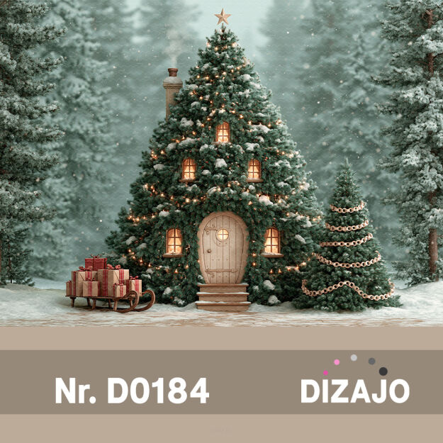 Tło fotograficzne Boże Narodzenie choinkowy domek D0184