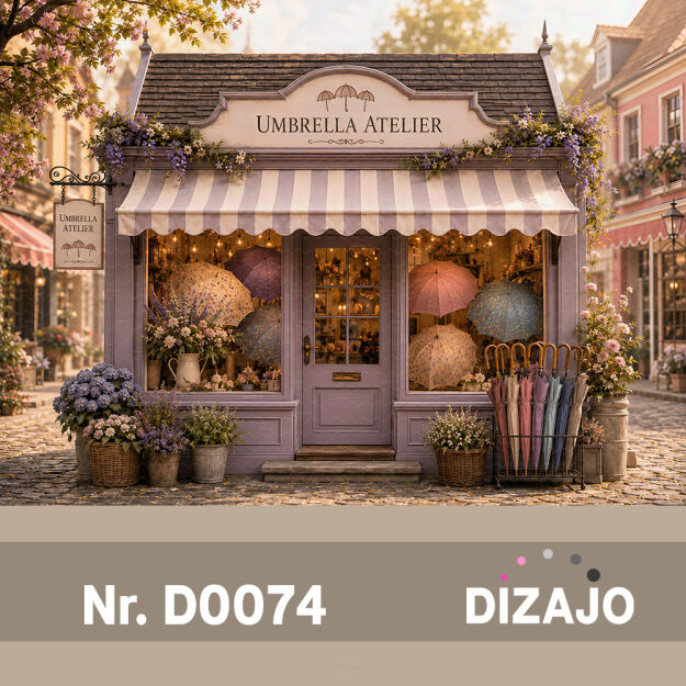 Tło fotograficzne jesienny sklepik z parasolami D0074
